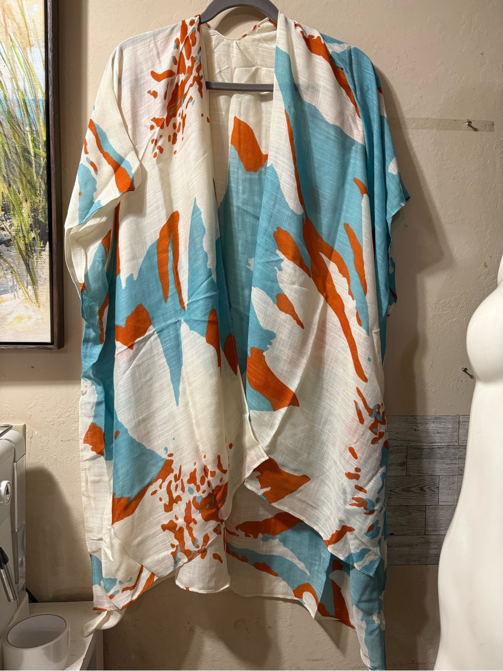Abstract Print Open-Front Kimono Tunic in Teal, Orange & White